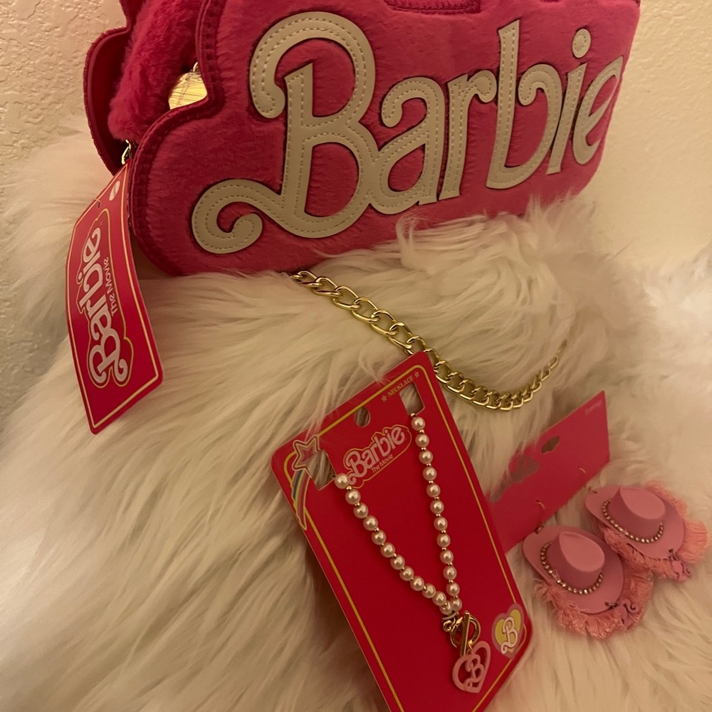 NWT Barbie Hot Pink Fuzzy Mini Crossbody Bag, Barbie Cowboy Hat Earrings - Picture 5 of 11